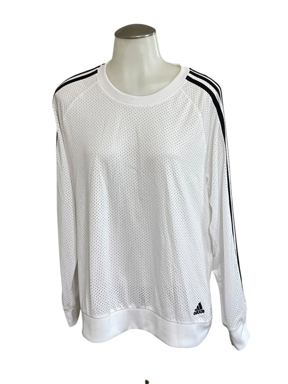 Adidas Womens White Mesh Long Sleeve Pullover Sweatshirt With Black Stripes Size